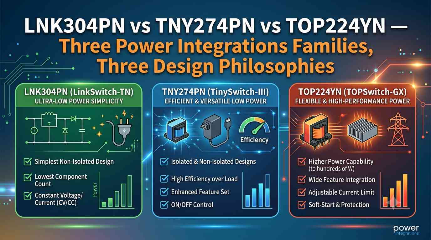 LNK304PN vs TNY274PN vs TOP224YN — Three Power Integrations Families, Three Design Philosophies